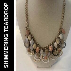 Multi-Tone Shimmer Leaf & Teardrop Metal Light Bib Statement Extender Necklace